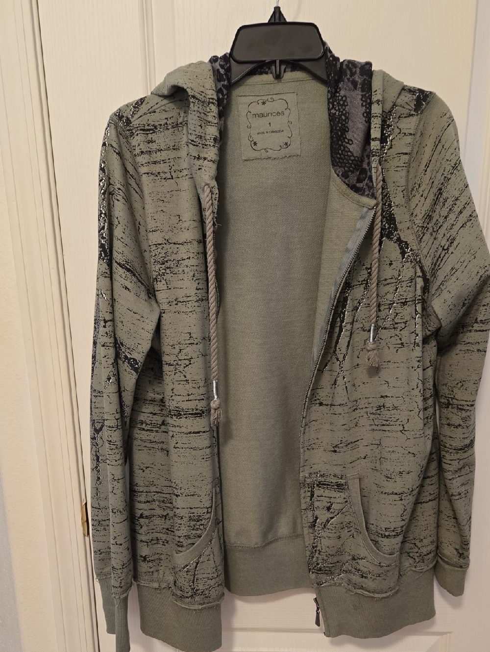 Maurices Olive Green Zip-Up Hoodie with Black Distressed Print